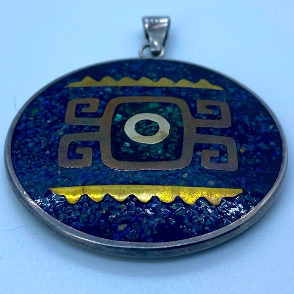 Vintage TAXCO Mexican Sterling Third Eye Fish Mosaic Double Sided 925 Pendant - Picture 1 of 8